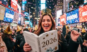 woman celebrating New Year 2026 reading book