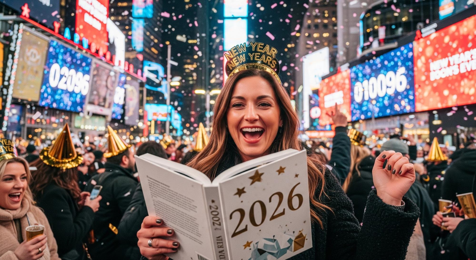 woman celebrating New Year 2026 reading book