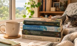 Woman relaxing with cozy and nostalgic fiction